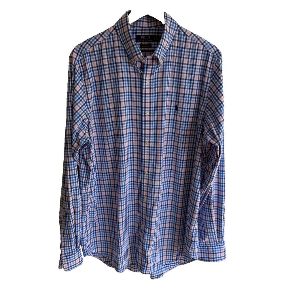 Polo Ralph Lauren Pink Blue Performance Classic Fit Button Up L Plaid Stretch